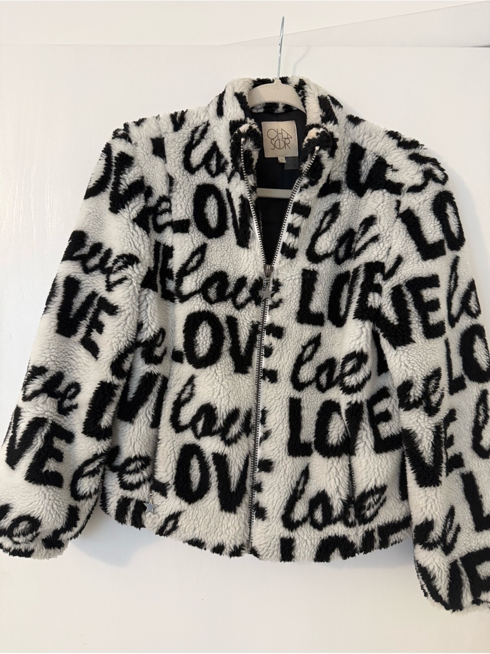 OH SO?R Black & White 'LOVE' Faux Sherpa Puffer Jacket